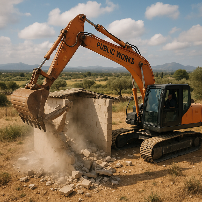 Excavadora derribando una construcción ilegal en suelo rústico de Mallorca