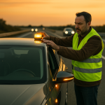 Obligatoriedad de la baliza V-16 conectada Conductor colocando una baliza V-16 conectada sobre el techo de su coche averiado