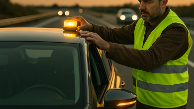 Conductor colocando una baliza V-16 conectada sobre el techo de su coche averiado