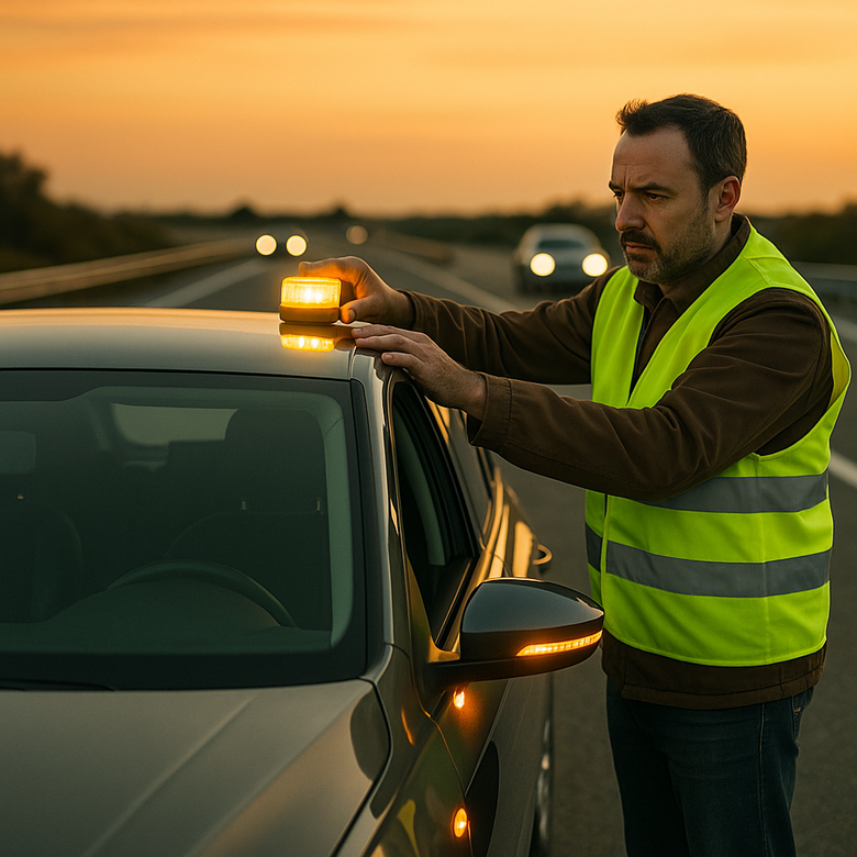 Conductor colocando una baliza V-16 conectada sobre el techo de su coche averiado