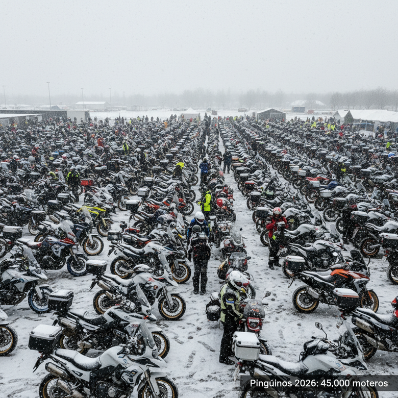 Motocicletas alineadas en el Pingüinos Arena de Valladolid bajo nieve ligera con moteros abrigados