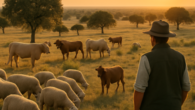 Ganadero con un rebaño en pastos de Castilla-La Mancha al atardecer