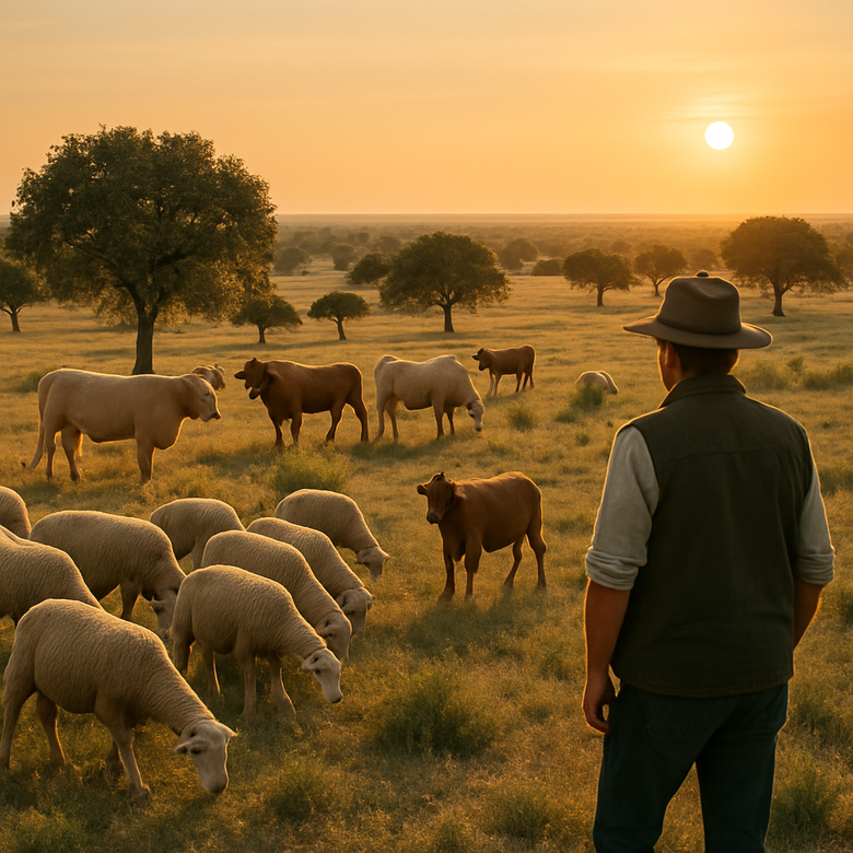 Ganadero con un rebaño en pastos de Castilla-La Mancha al atardecer