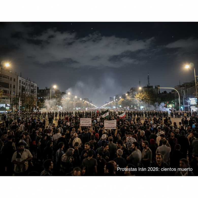 Multitud manifestando en calles de Teherán de noche con humo y policía al fondo