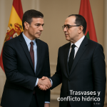 Presa y conducción de agua en paisaje marroquí con fondo español simbolizando controversia por trasvases