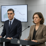 Pedro Sánchez y María Jesús Montero ante un gráfico de recaudación y deuda