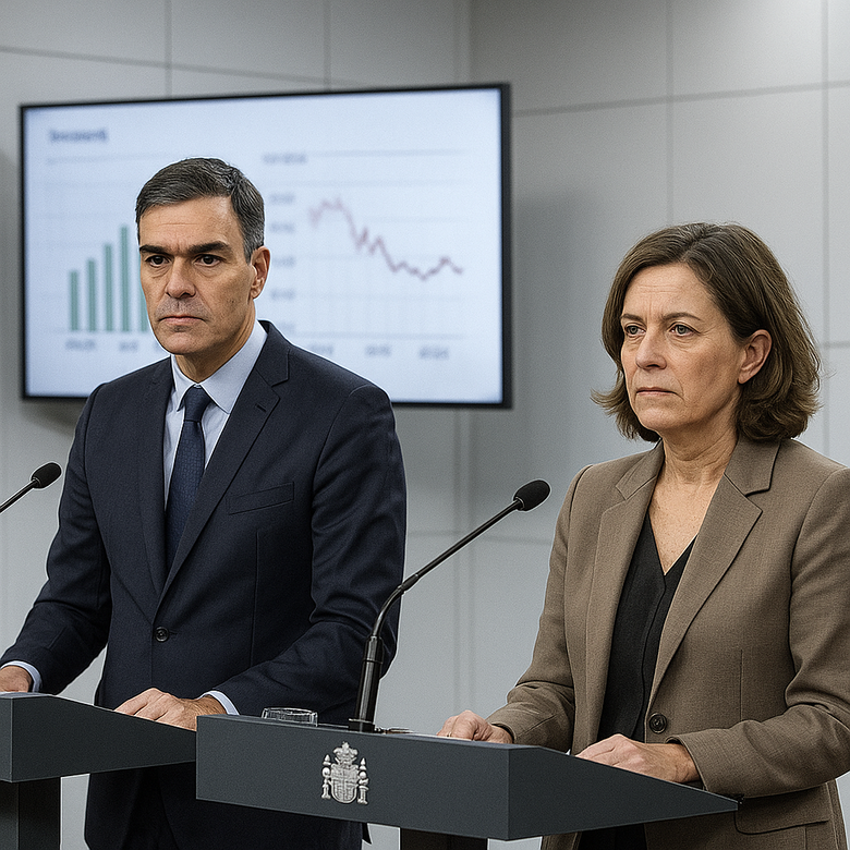 Pedro Sánchez y María Jesús Montero ante un gráfico de recaudación y deuda