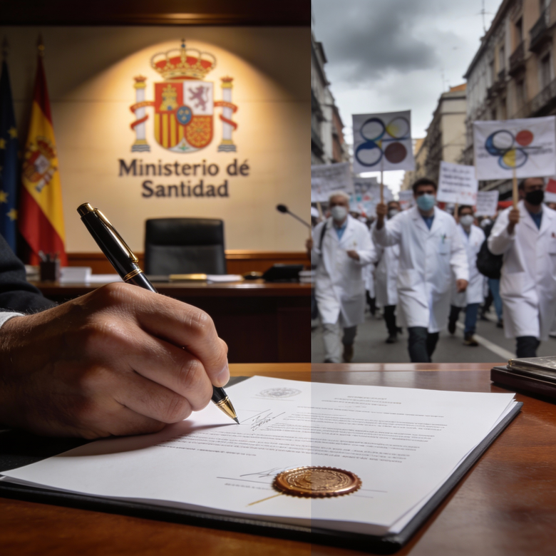 Mónica García firma el acuerdo del Estatuto Marco con sindicatos mientras médicos protestan al fondo