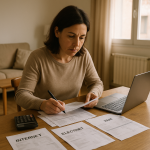 Mujer revisando facturas de luz, gas y alquiler en la mesa de su casa