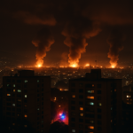 Vista nocturna de Caracas con explosiones y columnas de humo sobre zonas militares