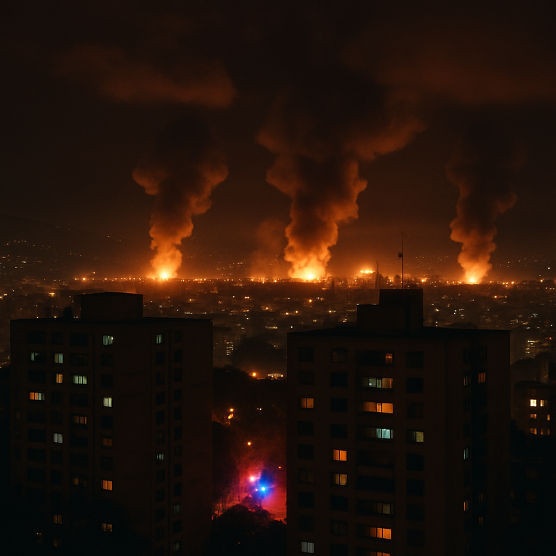Vista nocturna de Caracas con explosiones y columnas de humo sobre zonas militares
