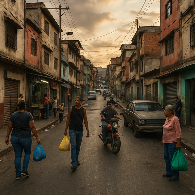 Vista de un barrio popular de Caracas con edificios deteriorados y vecinos en la calle
