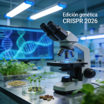 Representación científica de la tecnología CRISPR aplicada a la mejora genética de alimentos