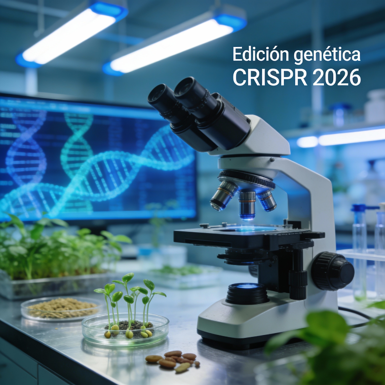 Representación científica de la tecnología CRISPR aplicada a la mejora genética de alimentos