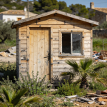 Caseta de madera pequeña en jardín anunciada como vivienda de alquiler en Palma