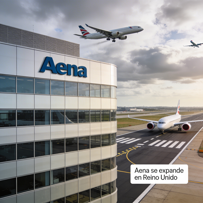 Fachada de la sede de Aena y aviones en pista de un aeropuerto europeo