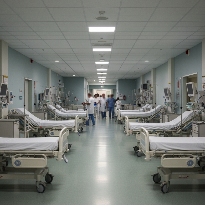 Pasillo del hospital Son Espases en Mallorca con personal sanitario y pacientes.