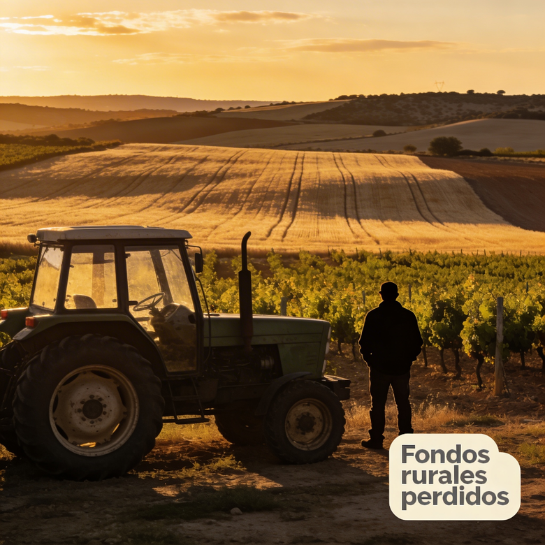 Agricultor de Castilla-La Mancha mirando un campo seco junto a papeles de ayudas europeas