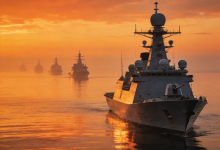 China rearma a Irán con misiles navales de última generación en plena escalada con EEUU: qué está pasando y por qué importa a España 4 Fragata de guerra navegando en formación en aguas del Golfo Pérsico al atardecer