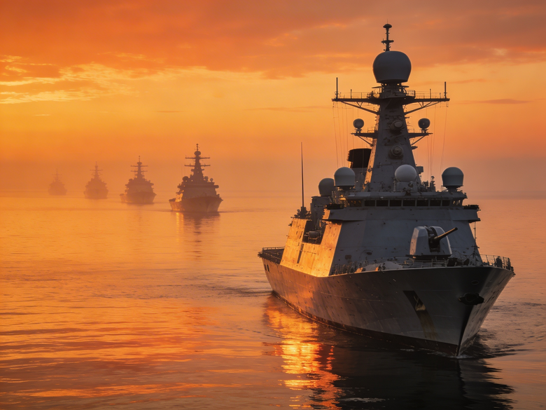 Fragata de guerra navegando en formación en aguas del Golfo Pérsico al atardecer