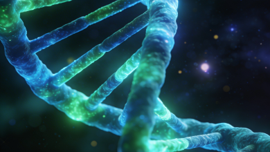 Descubren “fósiles genéticos” anteriores al ancestro común de toda la vida en la Tierra 7 Representación de ADN antiguo sobre un fondo cósmico que evoca el origen de la vida