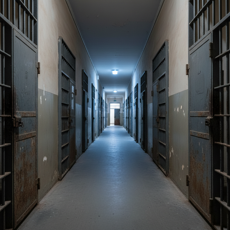 Imagen de archivo de un centro penitenciario con rejas y pasillo interior en penumbra