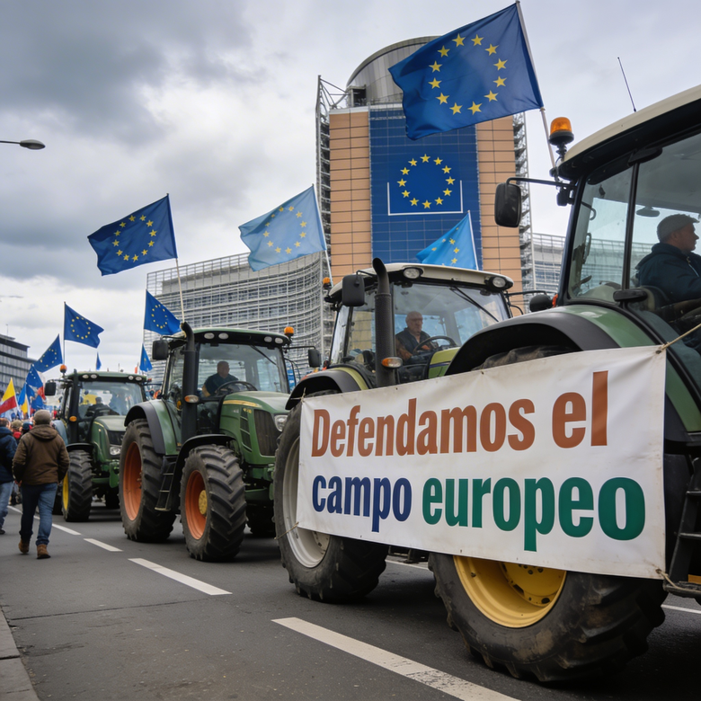 Tractor de un agricultor español frente a la sede del Parlamento Europeo en Bruselas