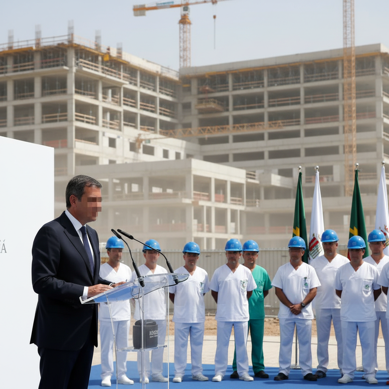 Juanma Moreno en un acto sanitario en Andalucía con obras de hospital de fondo.