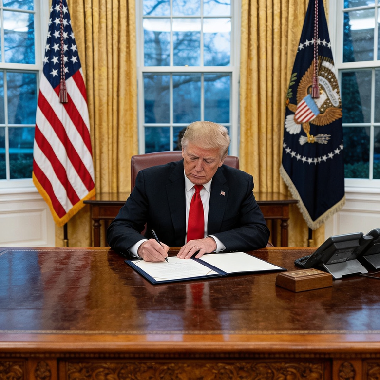 Donald Trump firmando documento oficial en el Despacho Oval de la Casa Blanca