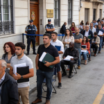 Cola de personas esperando frente a consulado para tramitar documentación de regularización migratoria