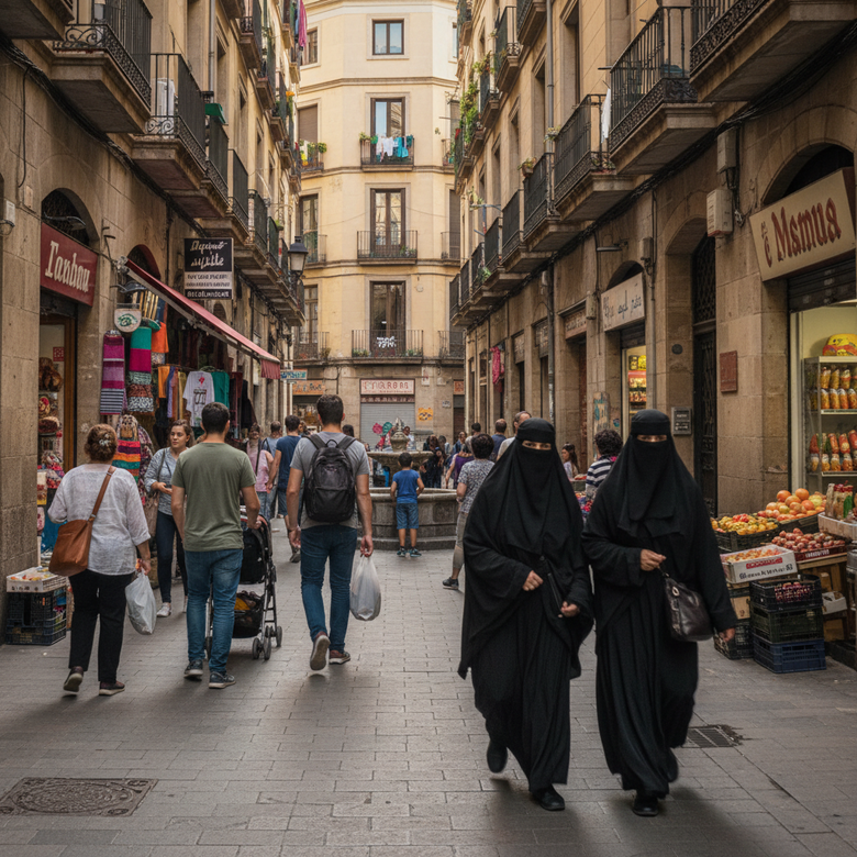 Dos mujeres con niqab caminando por una calle de Barcelona.