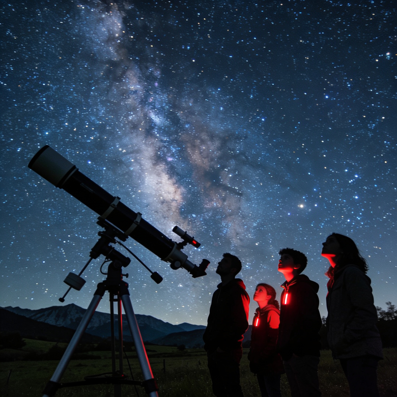 Grupo de personas observando el cielo nocturno estrellado con telescopio en zona rural de Asturias