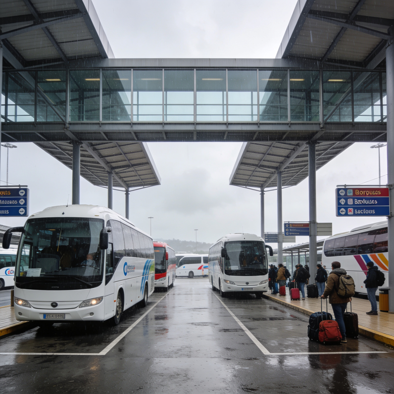 Autobuses de refuerzo estacionados en la estación intermodal de Vigo Urzáiz por suspensión de trenes