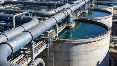 Vista de la desaladora de Escombreras junto al mar con tuberías y depósitos de agua