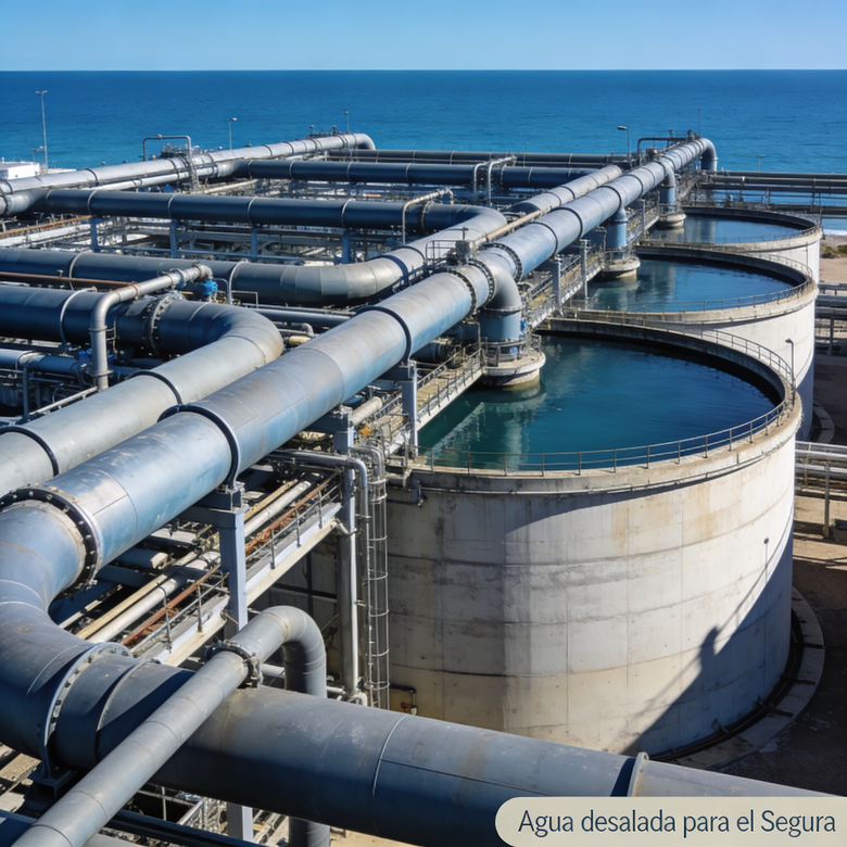 Vista de la desaladora de Escombreras junto al mar con tuberías y depósitos de agua