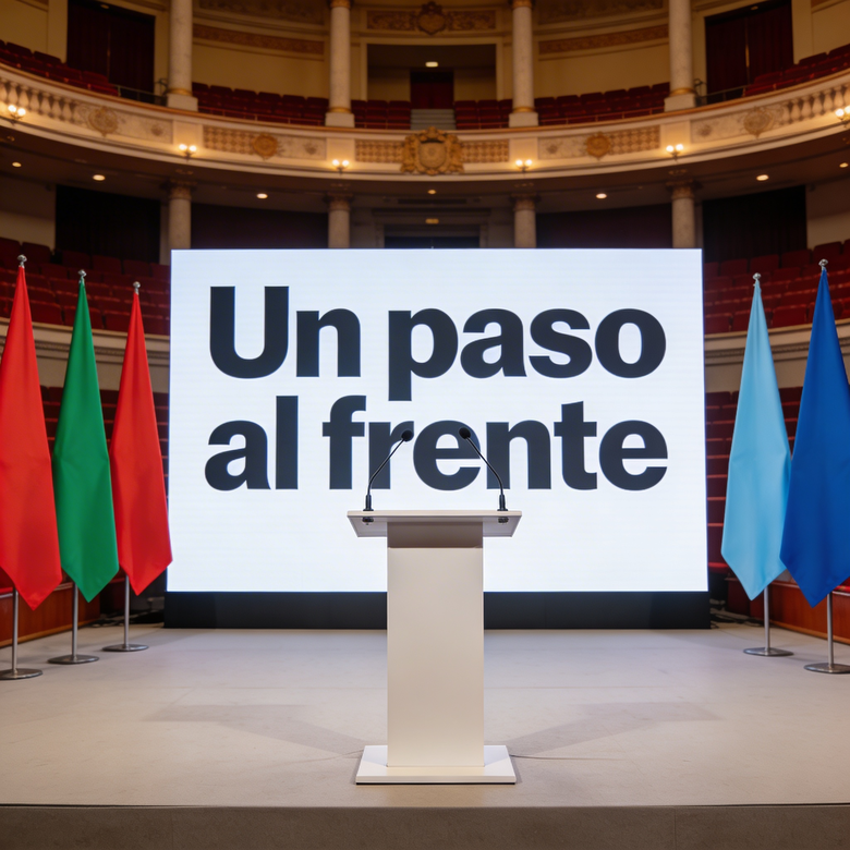 Cartel político con el lema “Un paso al frente” y símbolos de varias fuerzas de izquierdas