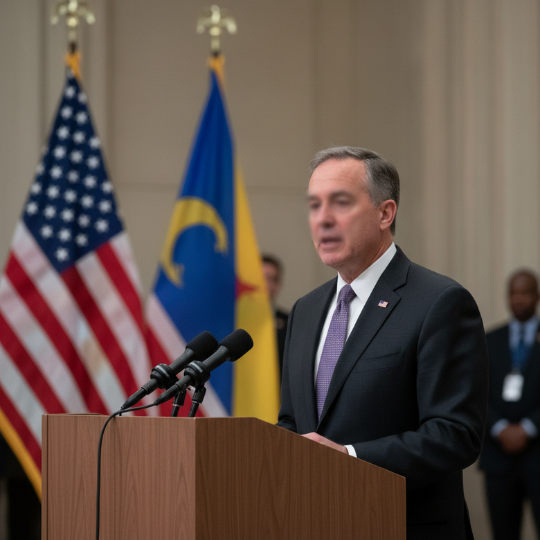 Marco Rubio y la bandera de Cuba en segundo plano en un acto diplomático