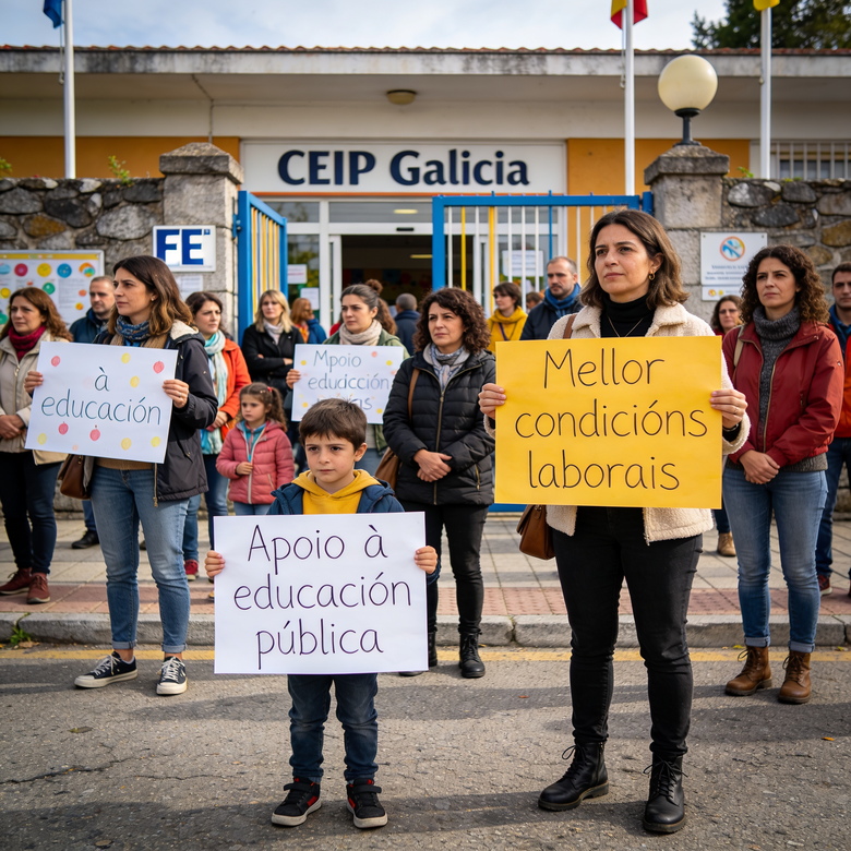 Concentración de personas frente a entrada de escuela infantil en protesta por sanción a trabajadora