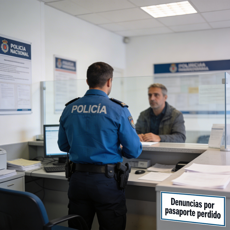 Agente de Policía Nacional atendiendo a un ciudadano en una oficina de denuncias