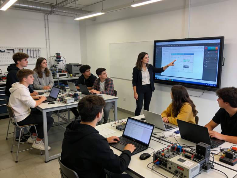 Aula de Formación Profesional con alumnado trabajando y una profesora explicando frente a una pantalla