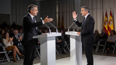 Debate político entre dos hombres en un podio ante público en España