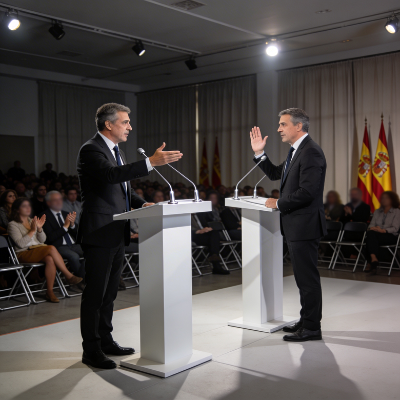 Debate político entre dos hombres en un podio ante público en España