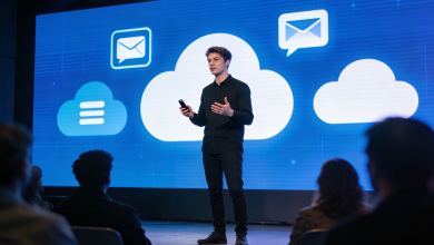 Rusia abre causa penal contra el fundador de Telegram 14 Pável Durov hablando en un escenario ante una pantalla con iconos de mensajería