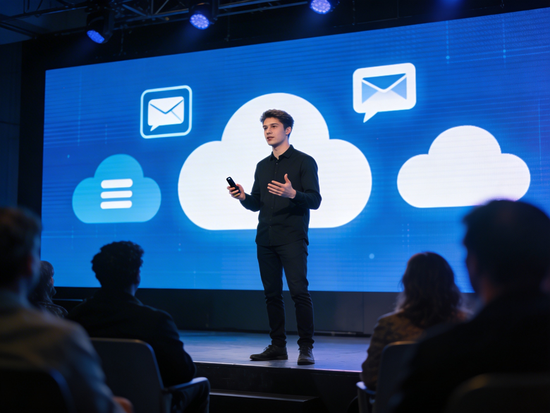 Pável Durov hablando en un escenario ante una pantalla con iconos de mensajería