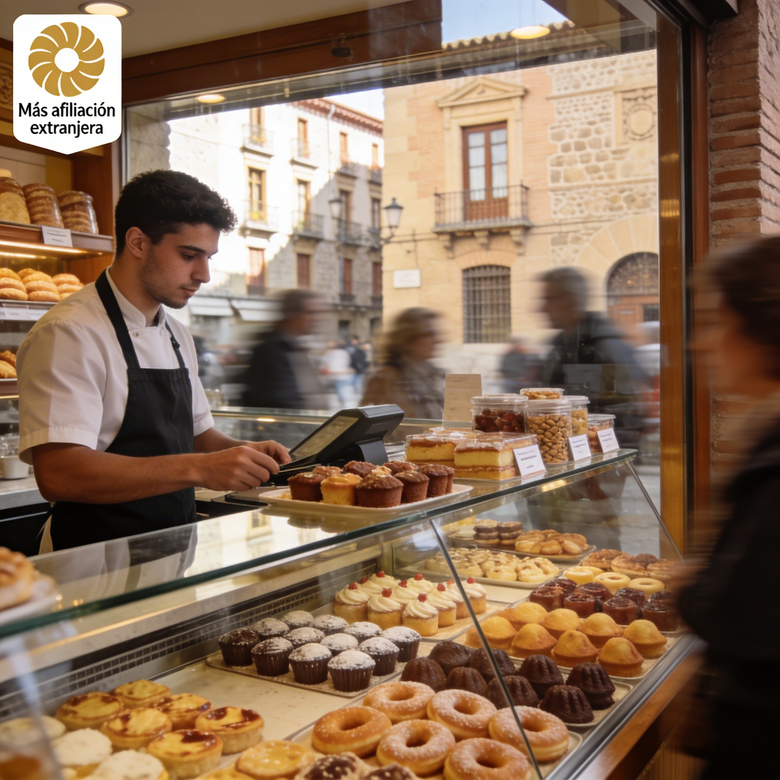 Trabajador extranjero atendiendo en una pastelería del centro de Toledo