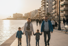 Torrevieja, laboratorio extremo de la migración ucraniana en España: cuatro años después de la invasión, ya son el 10% del municipio 2 Familia ucraniana paseando por el paseo marítimo de Torrevieja al atardecer