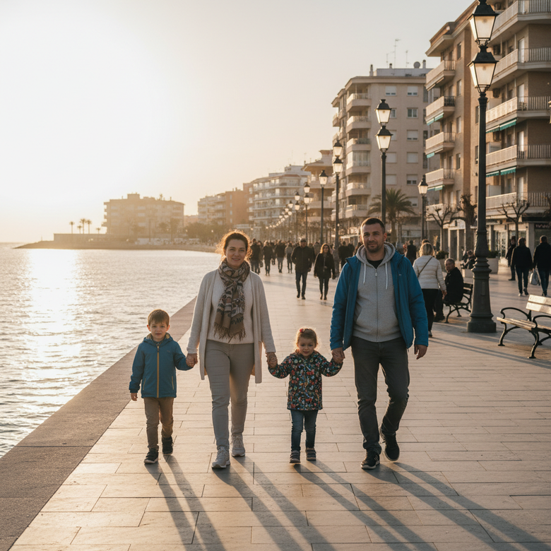 Familia ucraniana paseando por el paseo marítimo de Torrevieja al atardecer