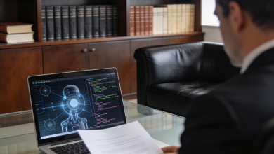 Un tribunal sanciona a un abogado por basar un recurso en 48 sentencias inventadas por una IA generalista 6 Abogado revisando documentación jurídica frente a un ordenador con código o interfaz de IA en la pantalla